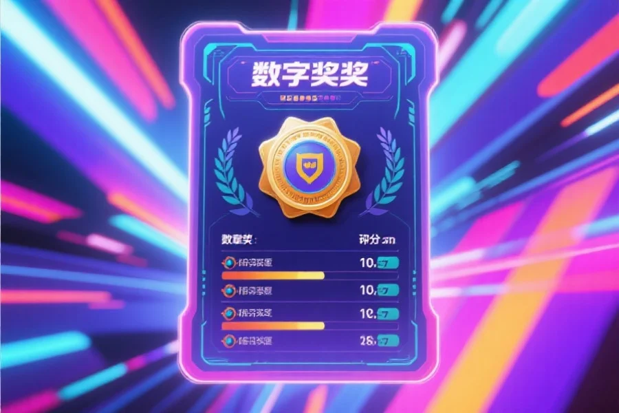 设计感十足的数字奖励徽章和积分榜展示，背景为抽象的炫彩光影